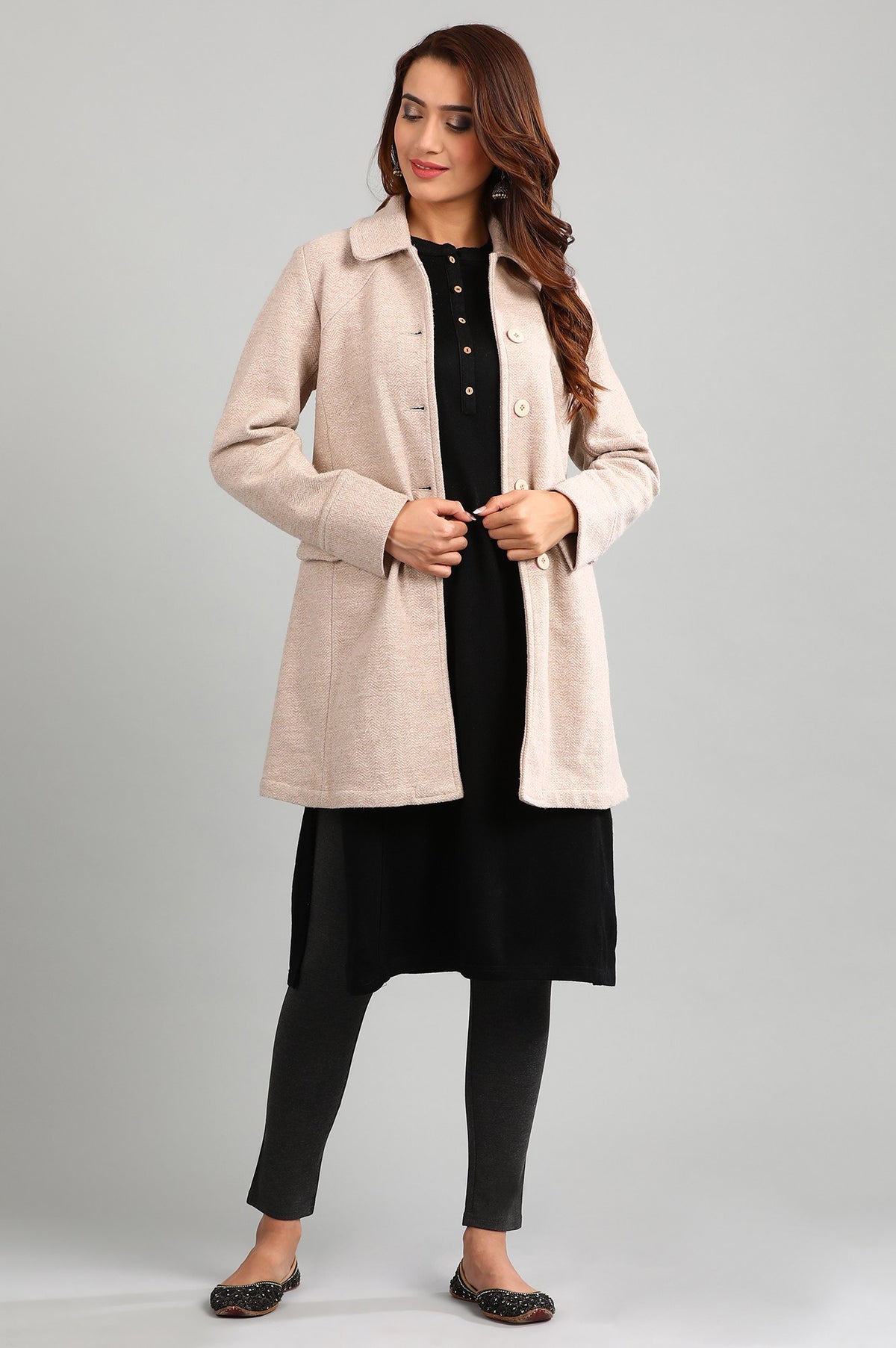Beige Yarn-dyed Full Sleeves Jacket - XS