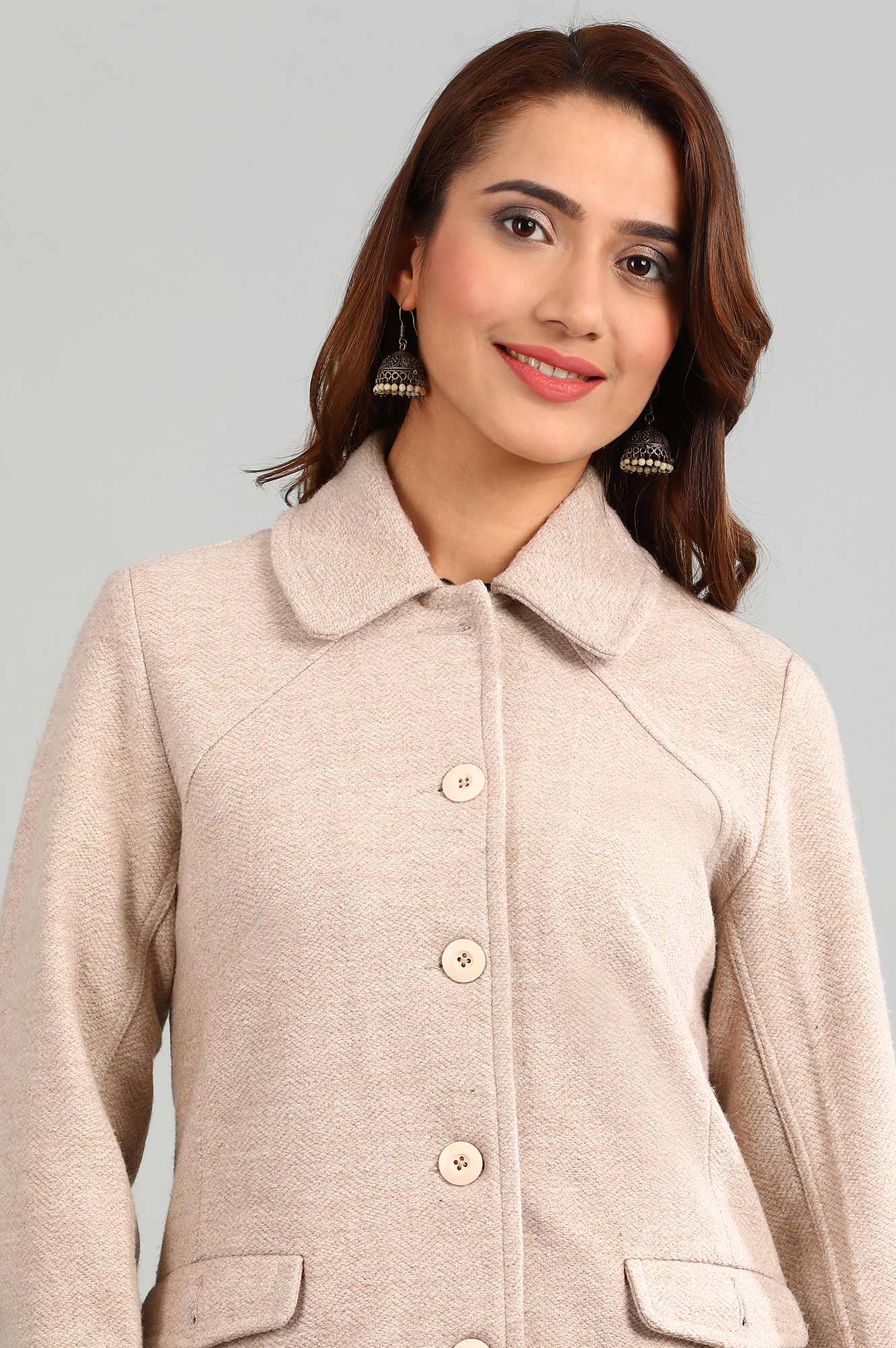 Beige Yarn-dyed Full Sleeves Jacket