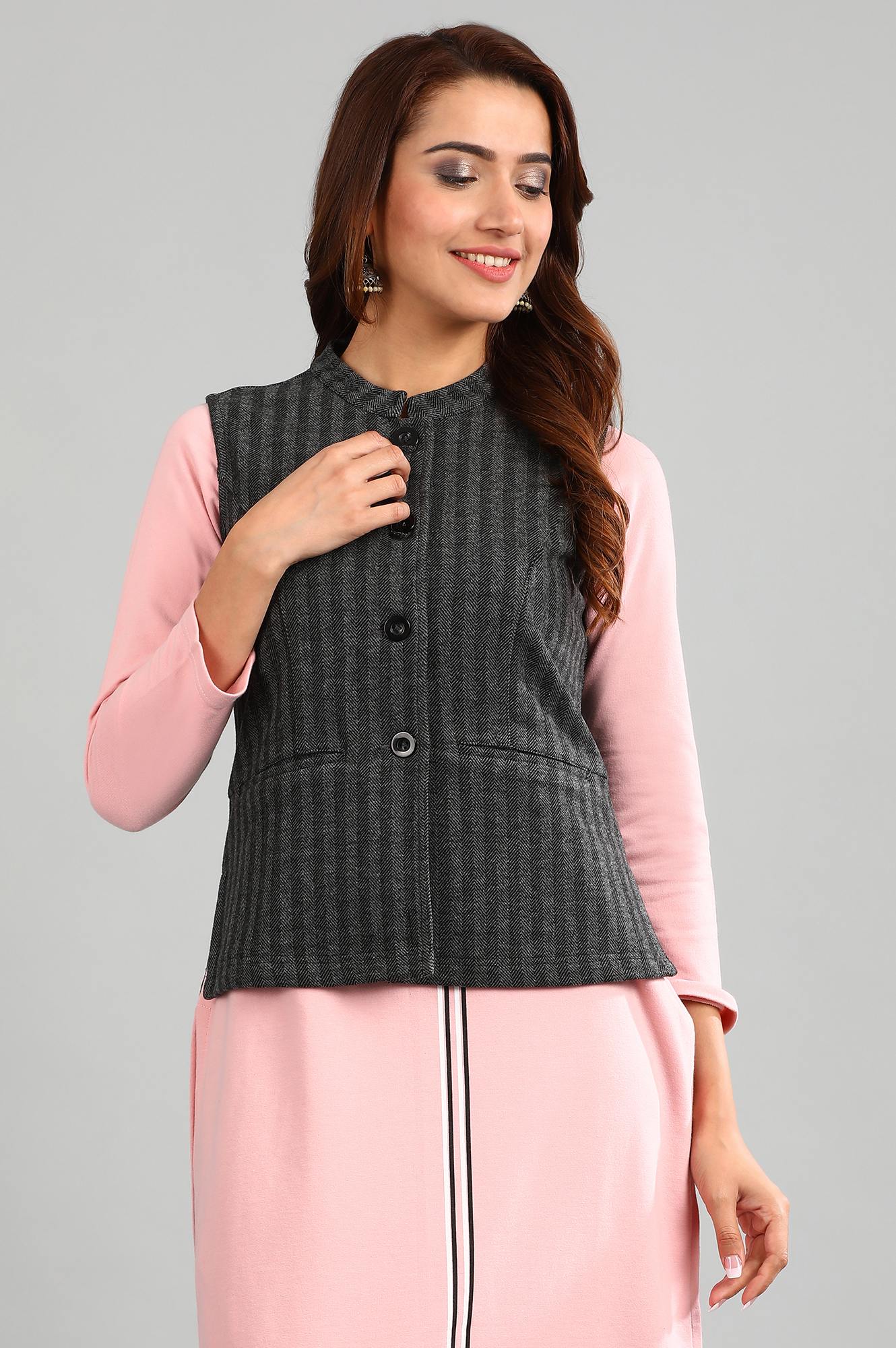 Grey Band Collar Winter Jacket