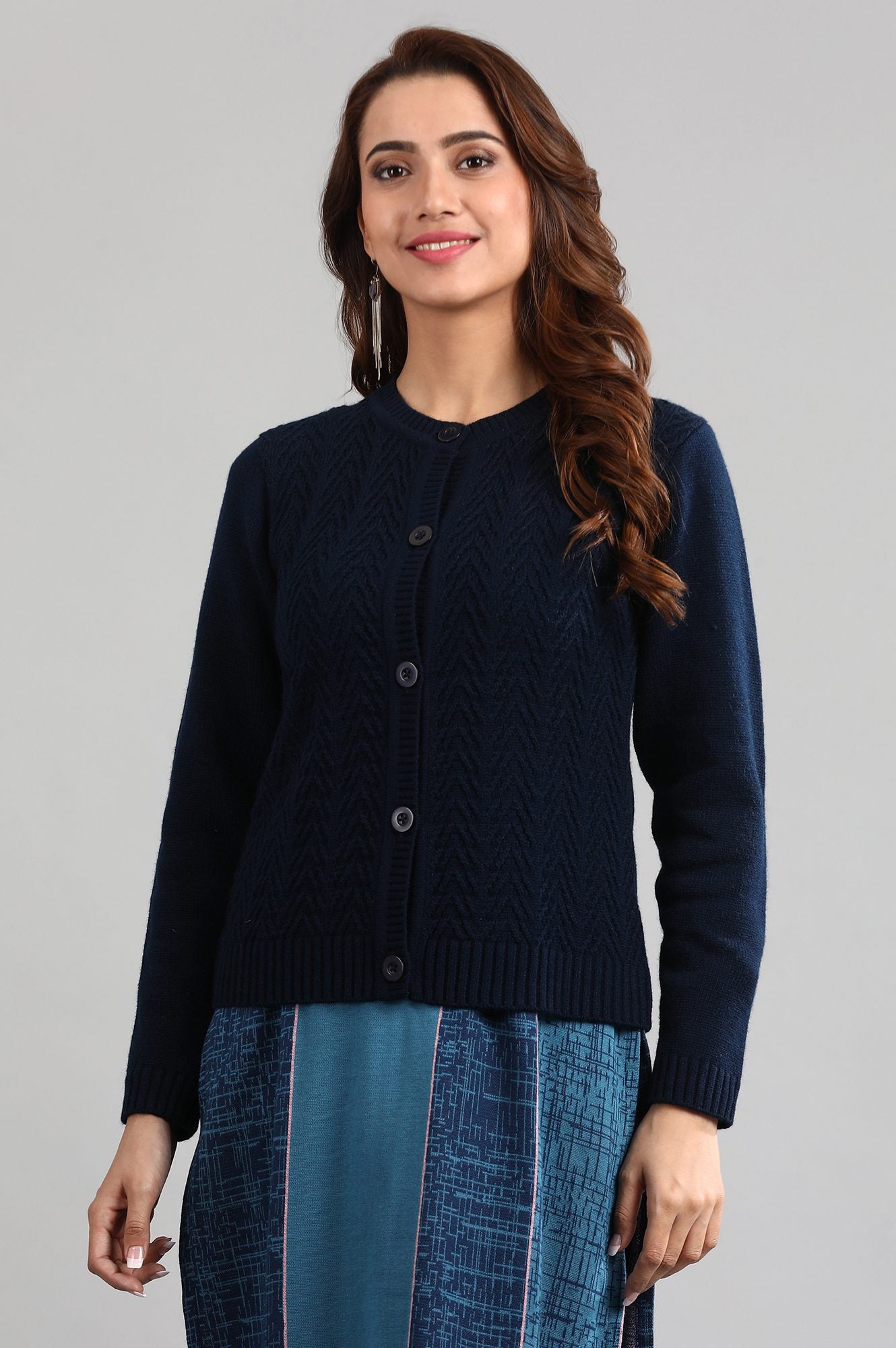 Blue Round Neck Solid Sweater