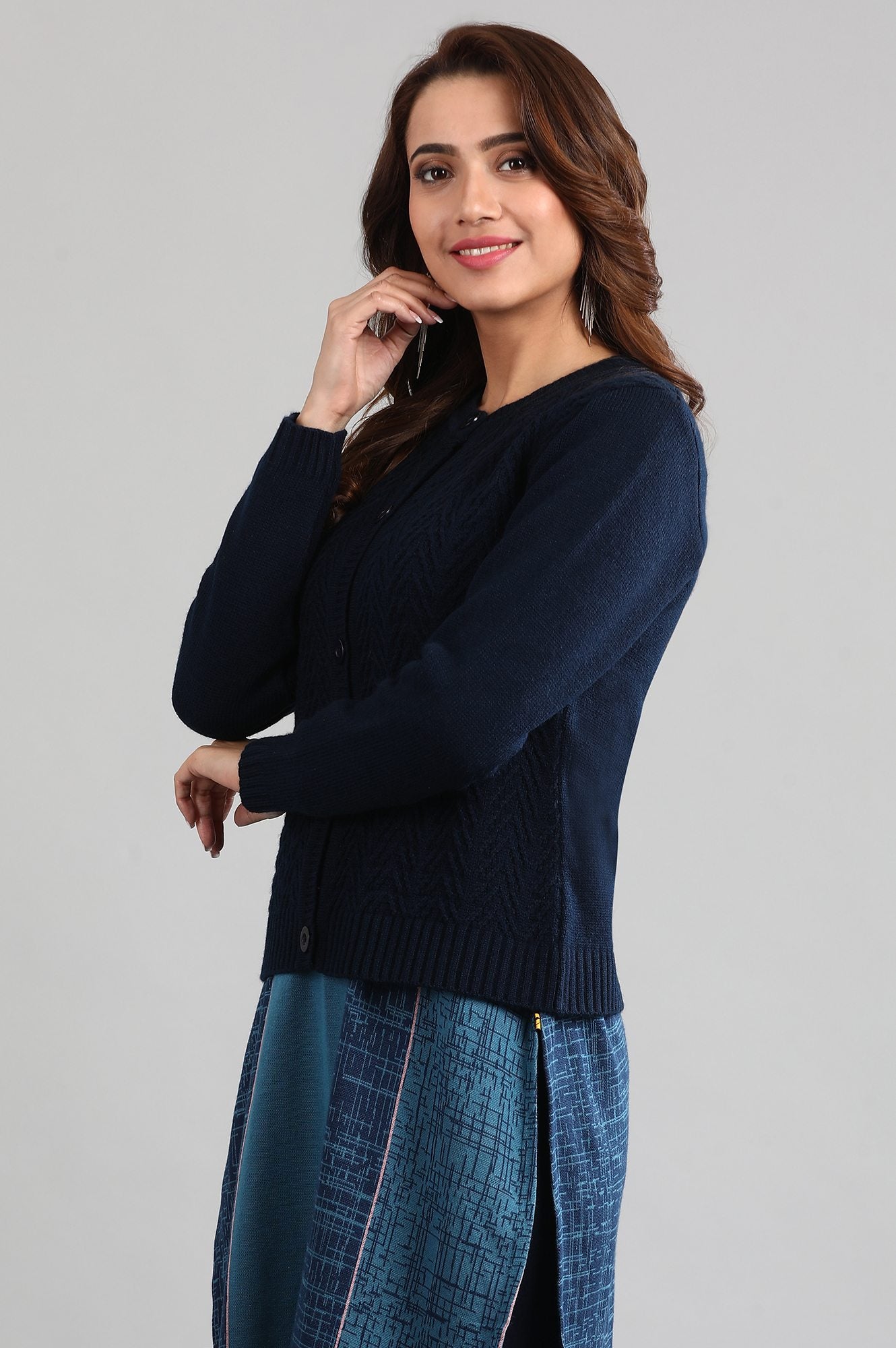 Blue Round Neck Solid Sweater