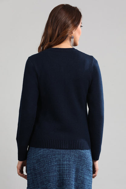 Blue Round Neck Solid Sweater