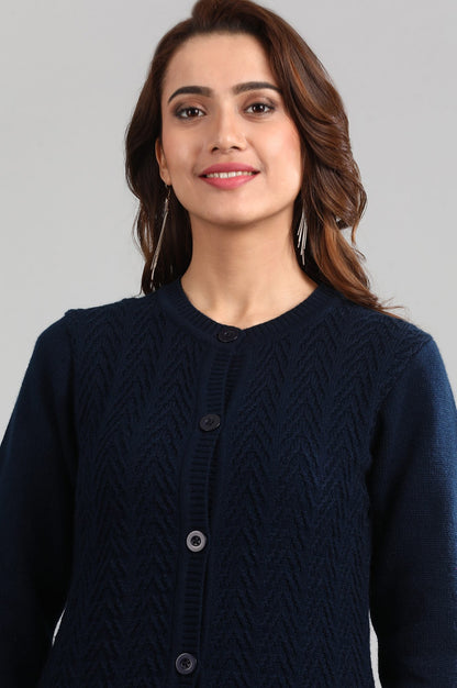 Blue Round Neck Solid Sweater