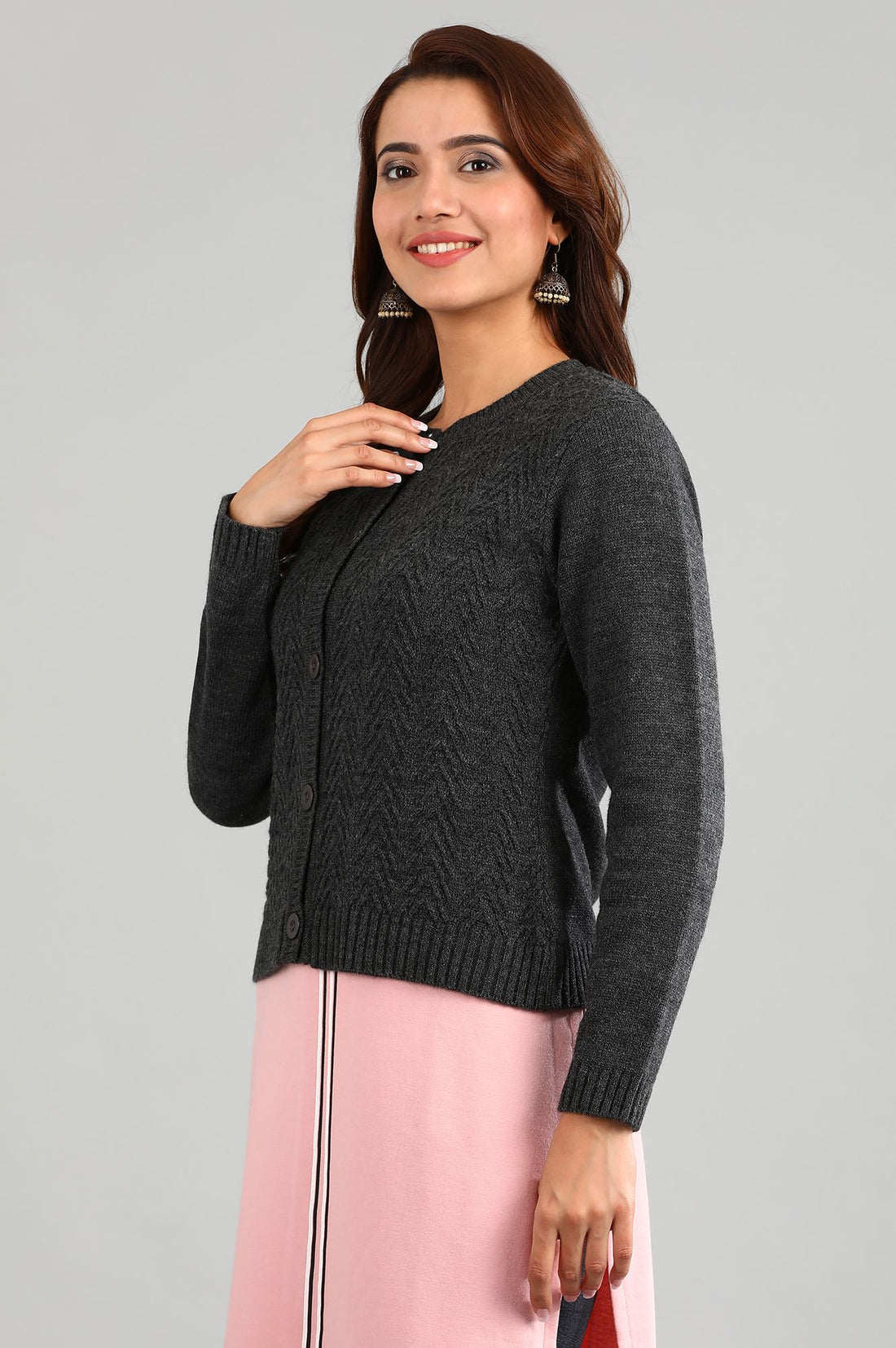 Grey Round Neck Solid Sweater