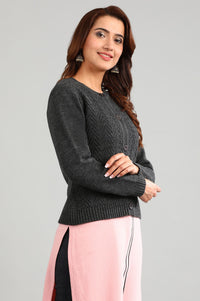 Grey Round Neck Solid Sweater