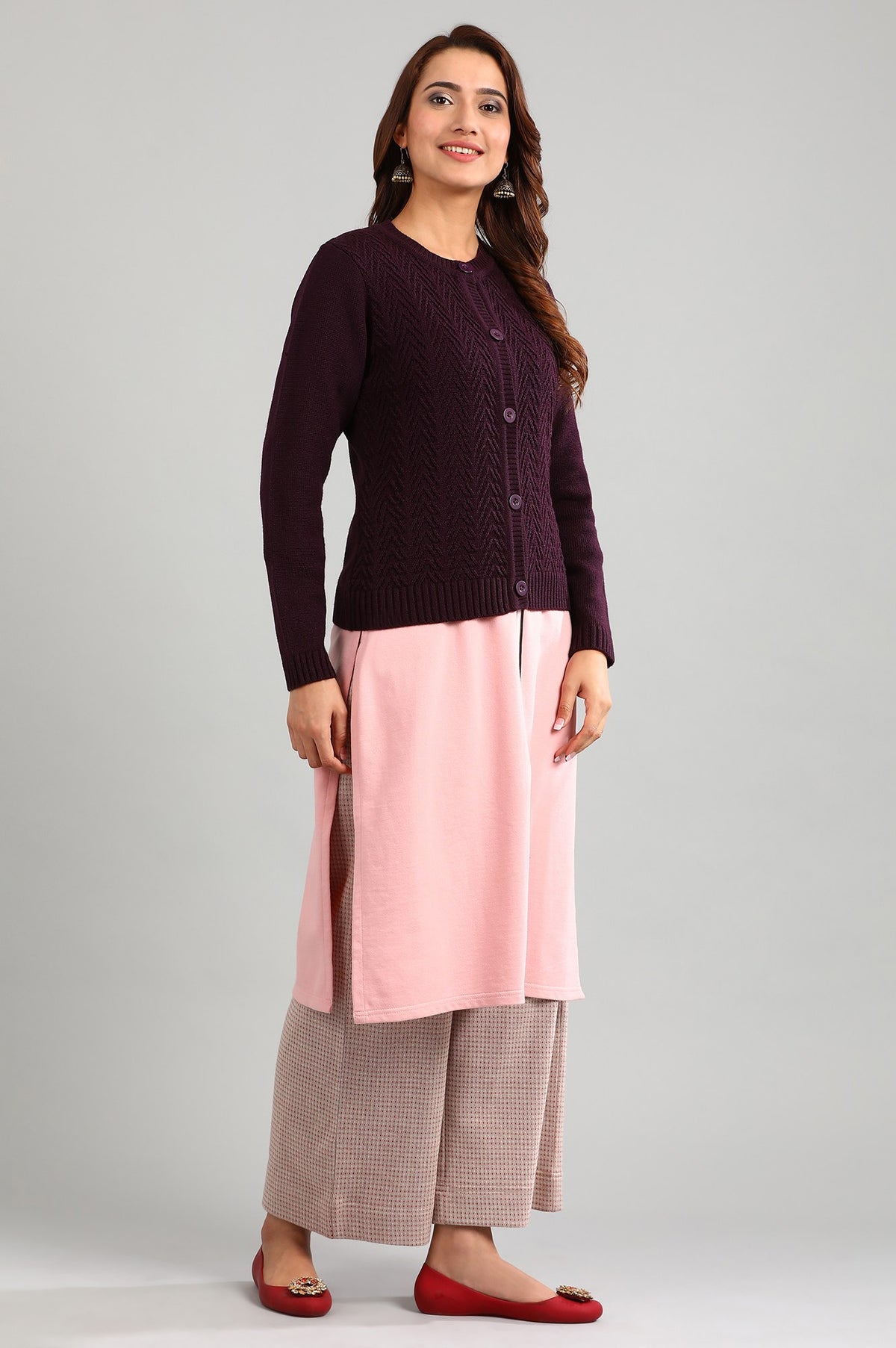 Purple Round Neck Solid Sweater - XS