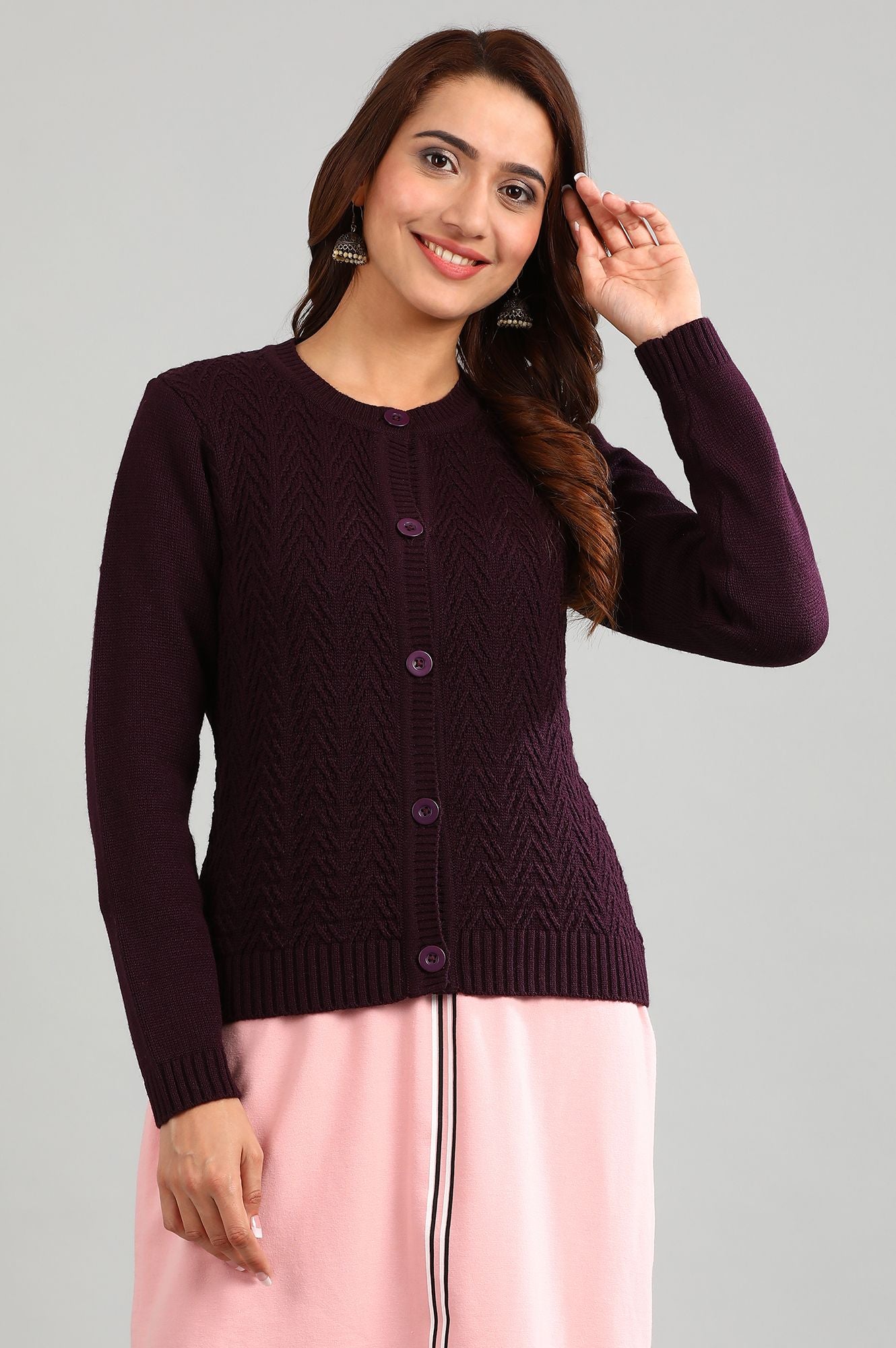 Purple Round Neck Solid Sweater