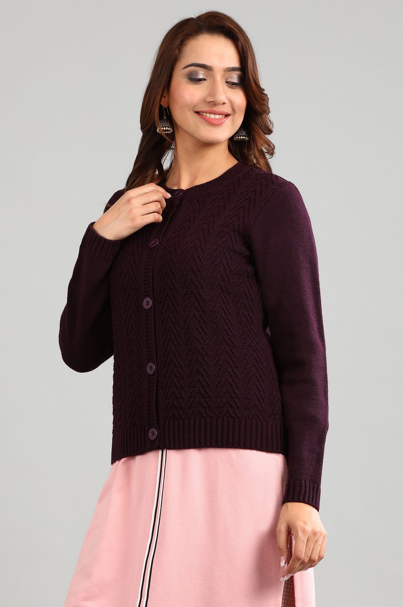 Purple Round Neck Solid Sweater