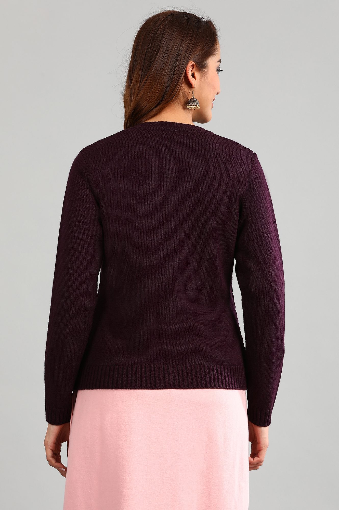 Purple Round Neck Solid Sweater