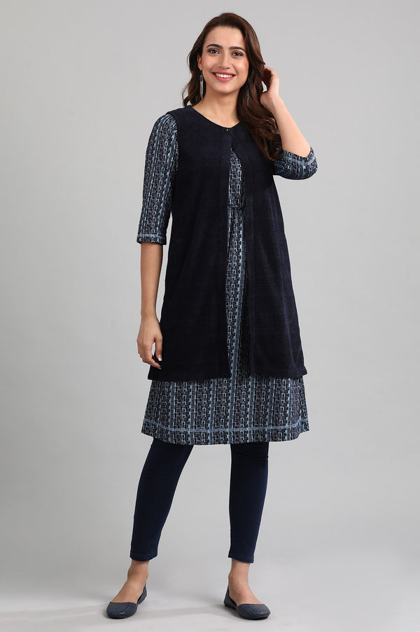Blue Round Neck Yarn-dyed Winter Gillet