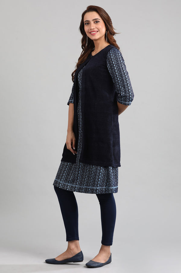 Blue Round Neck Yarn-dyed Winter Gillet