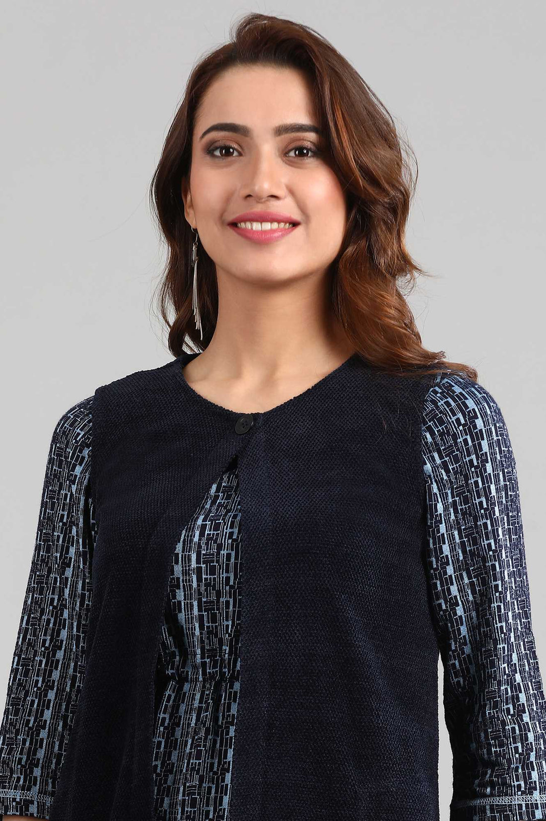 Blue Round Neck Yarn-dyed Winter Gillet