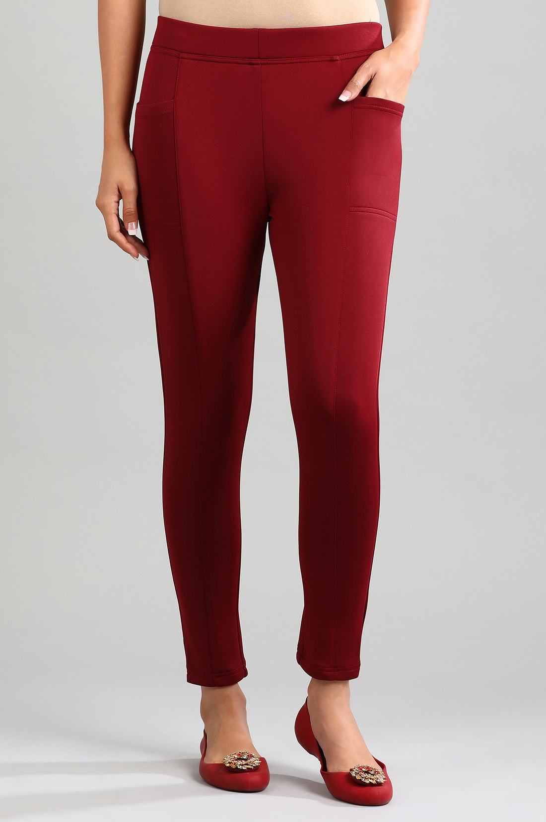 Red Yarn-dyed Solid Jeggings