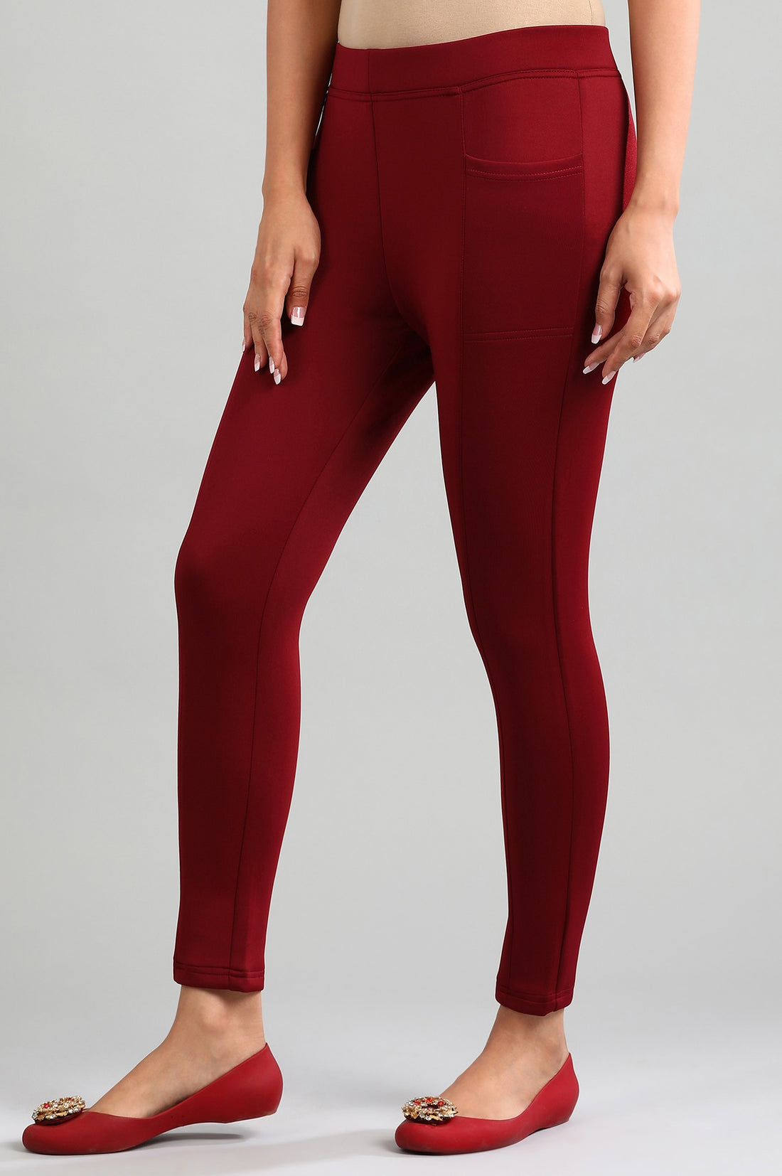 Red Yarn-dyed Solid Jeggings