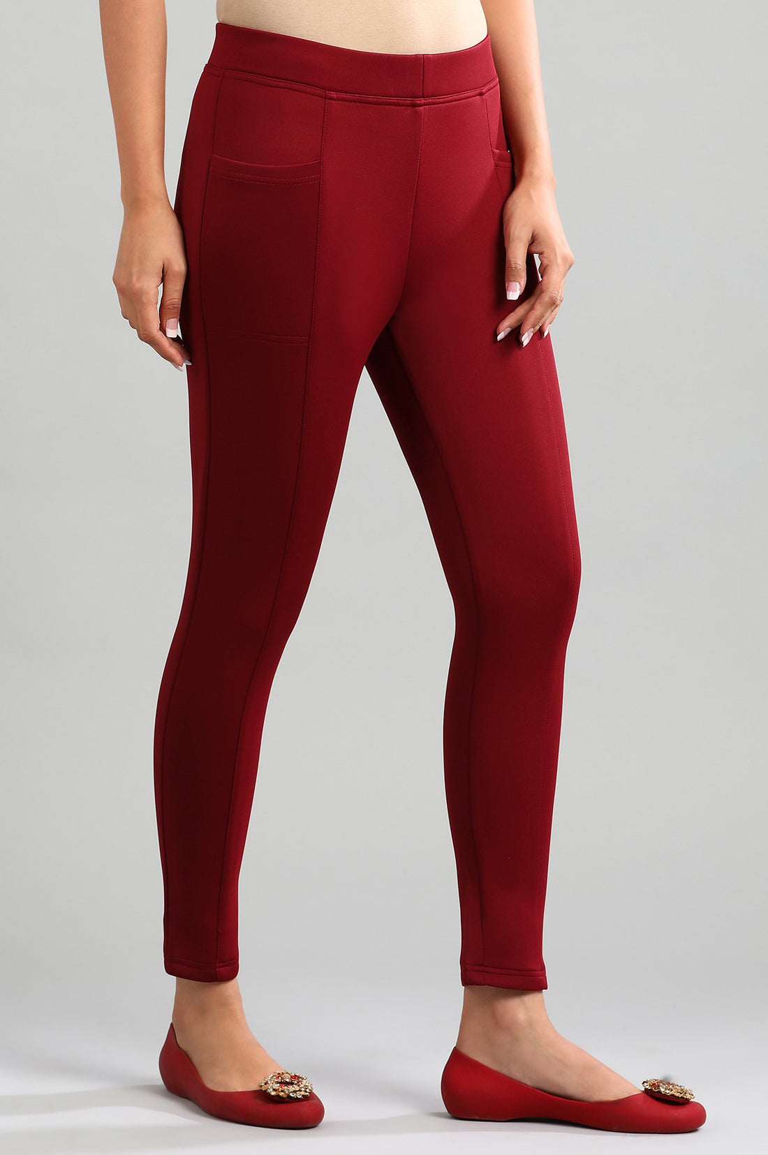 Red Yarn-dyed Solid Jeggings