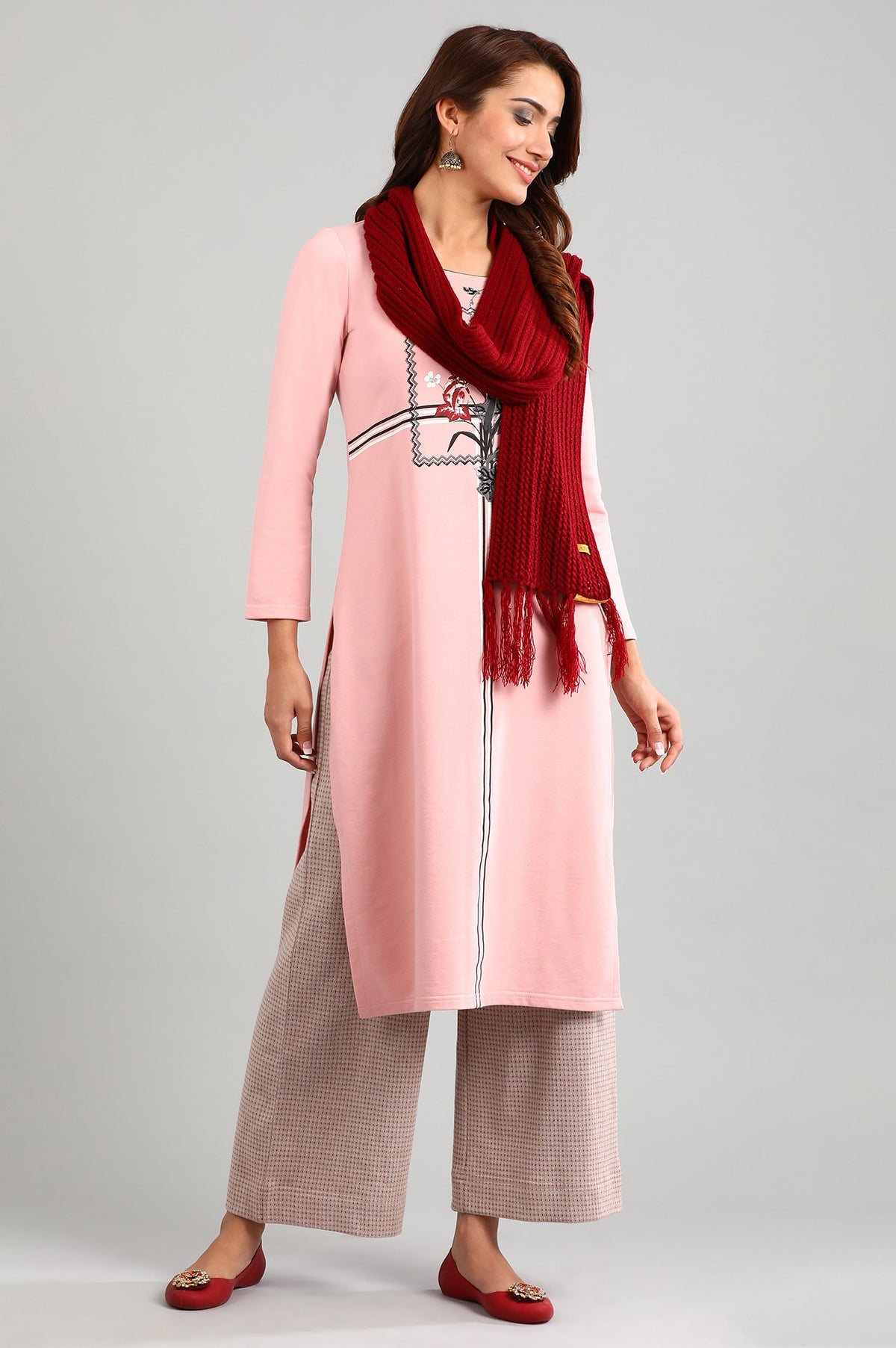 Beige Yarn-dyed Winter Palazzos - XS