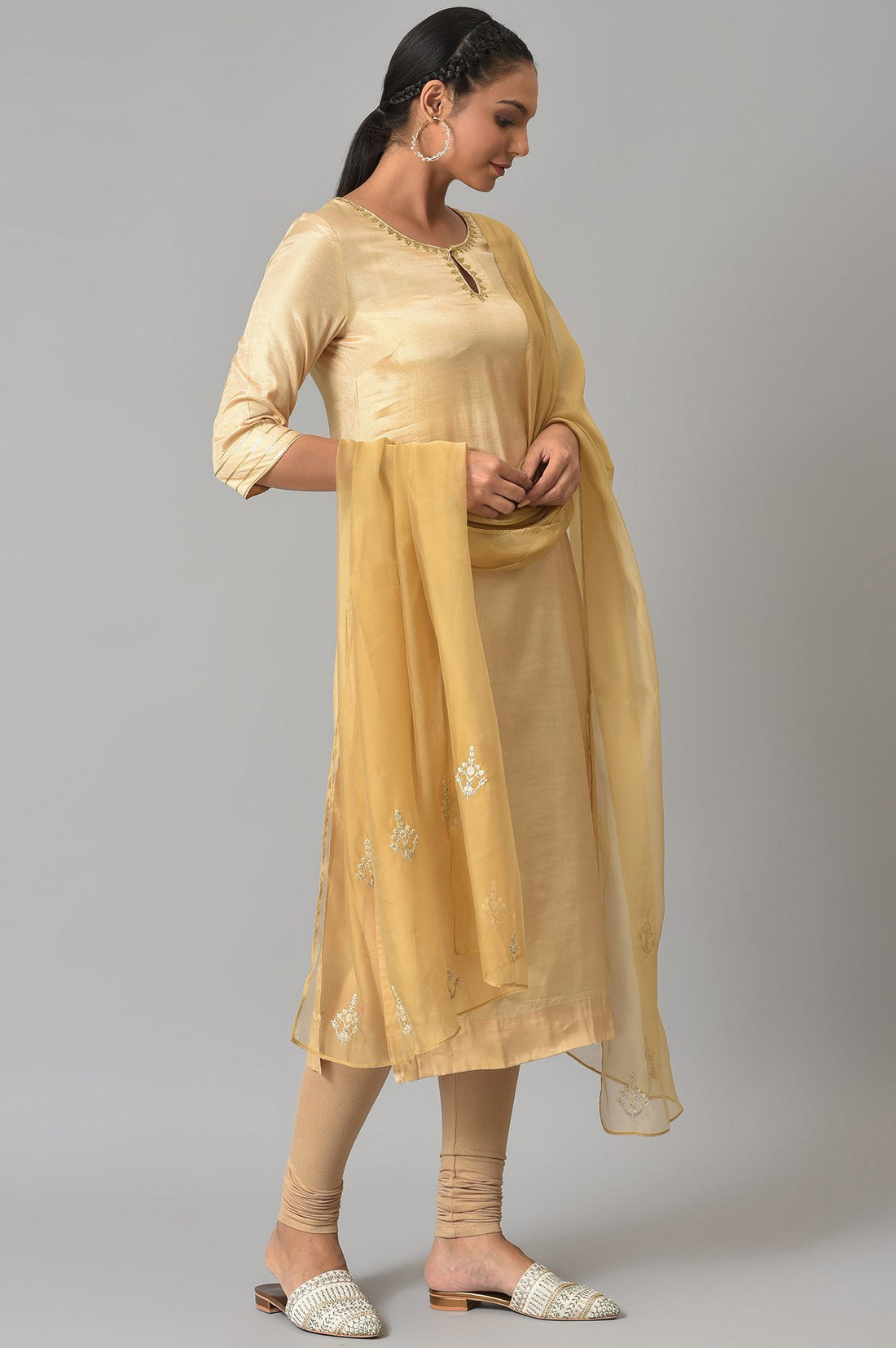 Gold Embroidered kurta With Shimmer Churidar And Golden Embroidered Dupatta