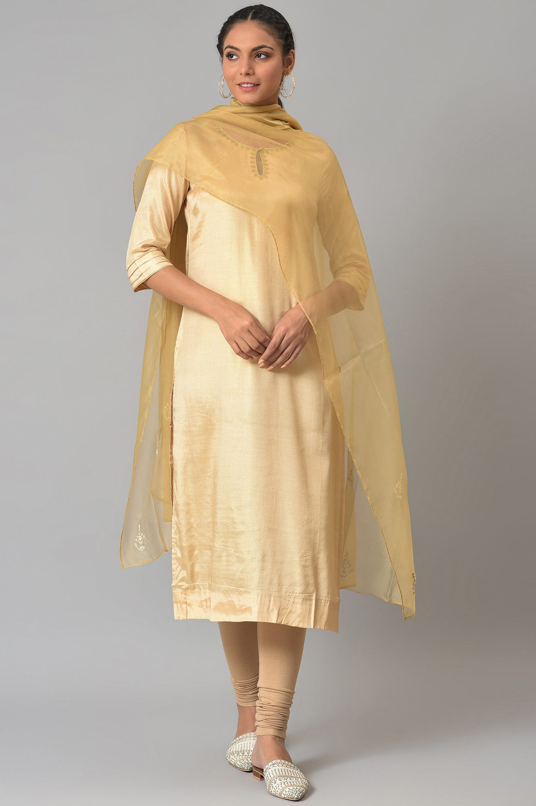 Gold Embroidered kurta With Shimmer Churidar And Golden Embroidered Dupatta
