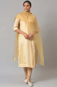 Gold Embroidered kurta With Shimmer Churidar And Golden Embroidered Dupatta