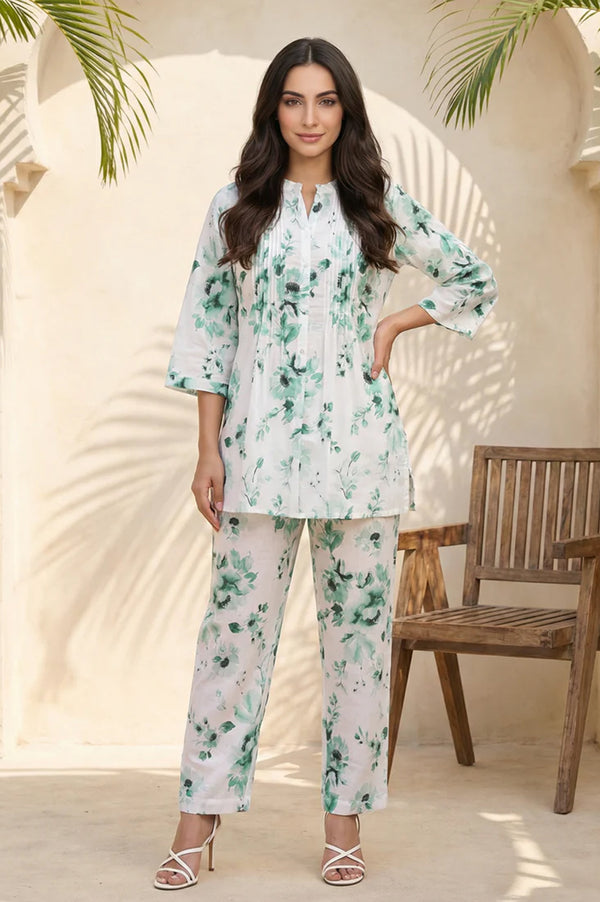 White Floral Printed Pure Cotton Straight Top and Trouser Co-ord Set