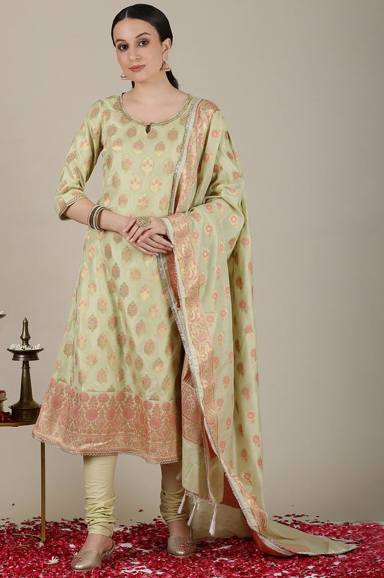 Mint Green Yarn Dyed Embroidered A-line Kurta, Churidar and Dupatta Set