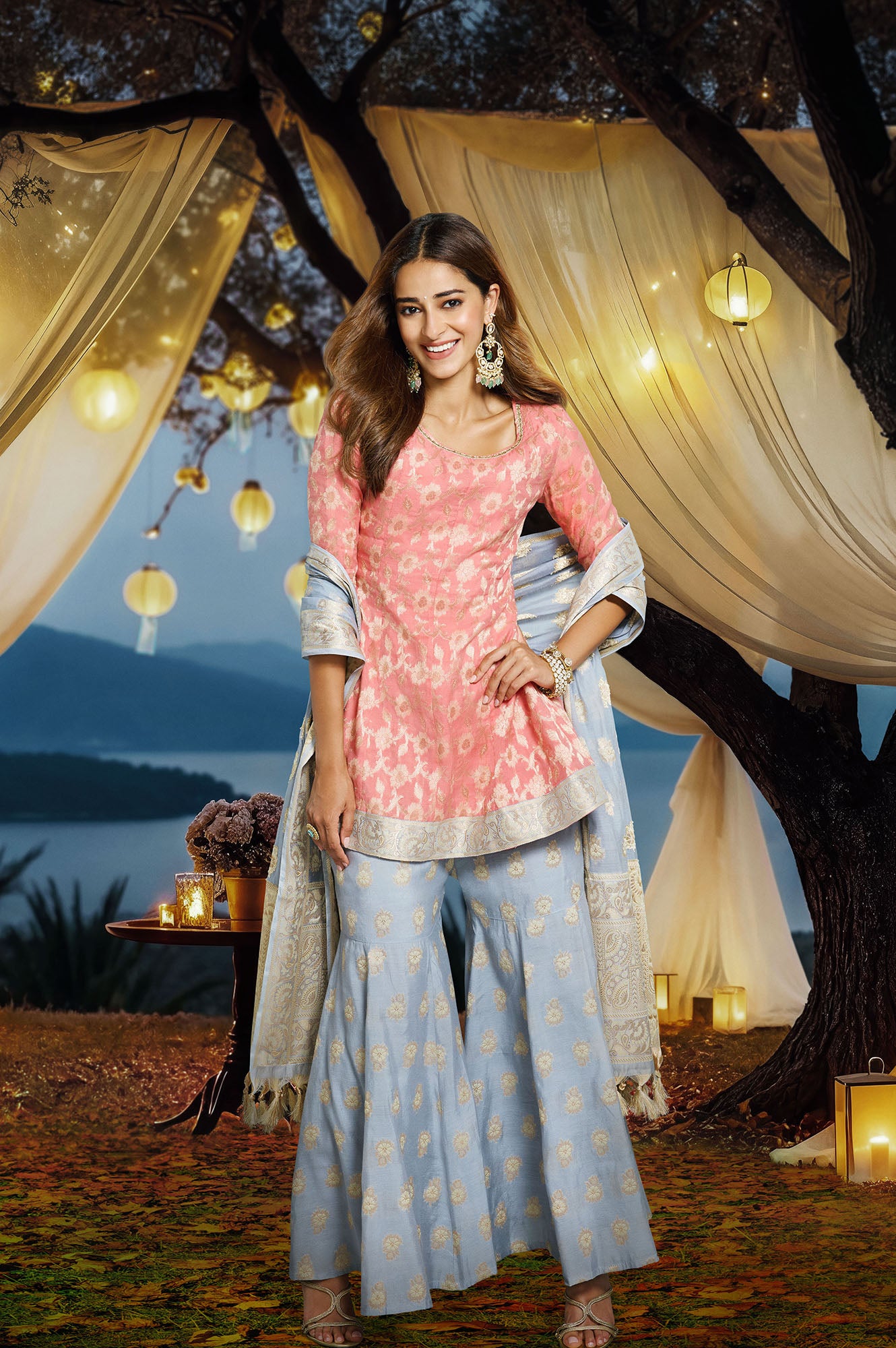 Rose  Abstract Printed Lace Jacquard A-Line Kurta, Sharara And Dupatta Set