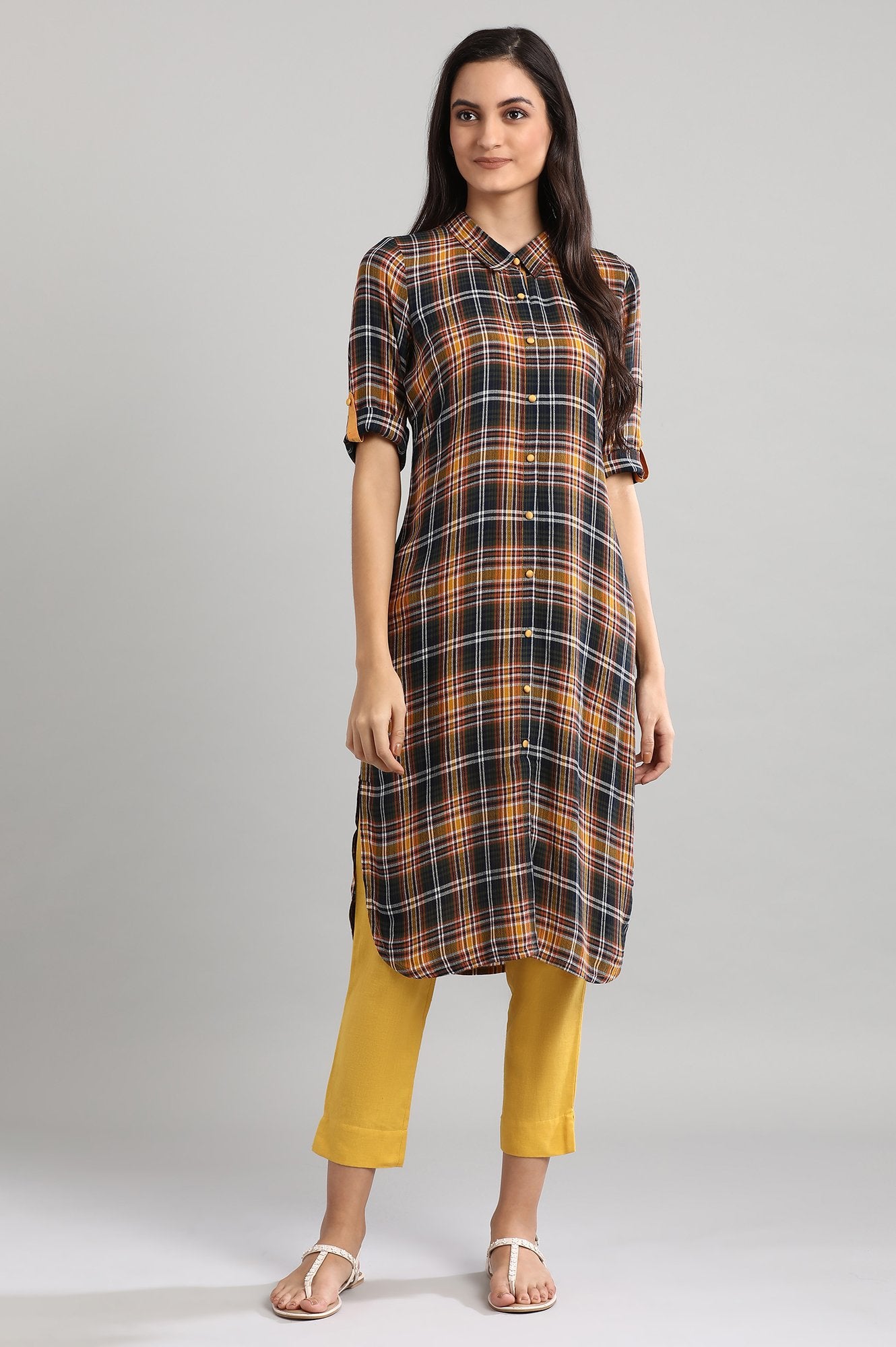 Yellow Collar Neck Checked kurta