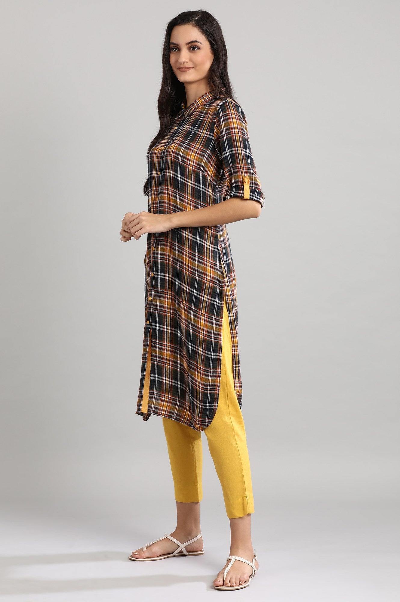 Yellow Collar Neck Checked kurta