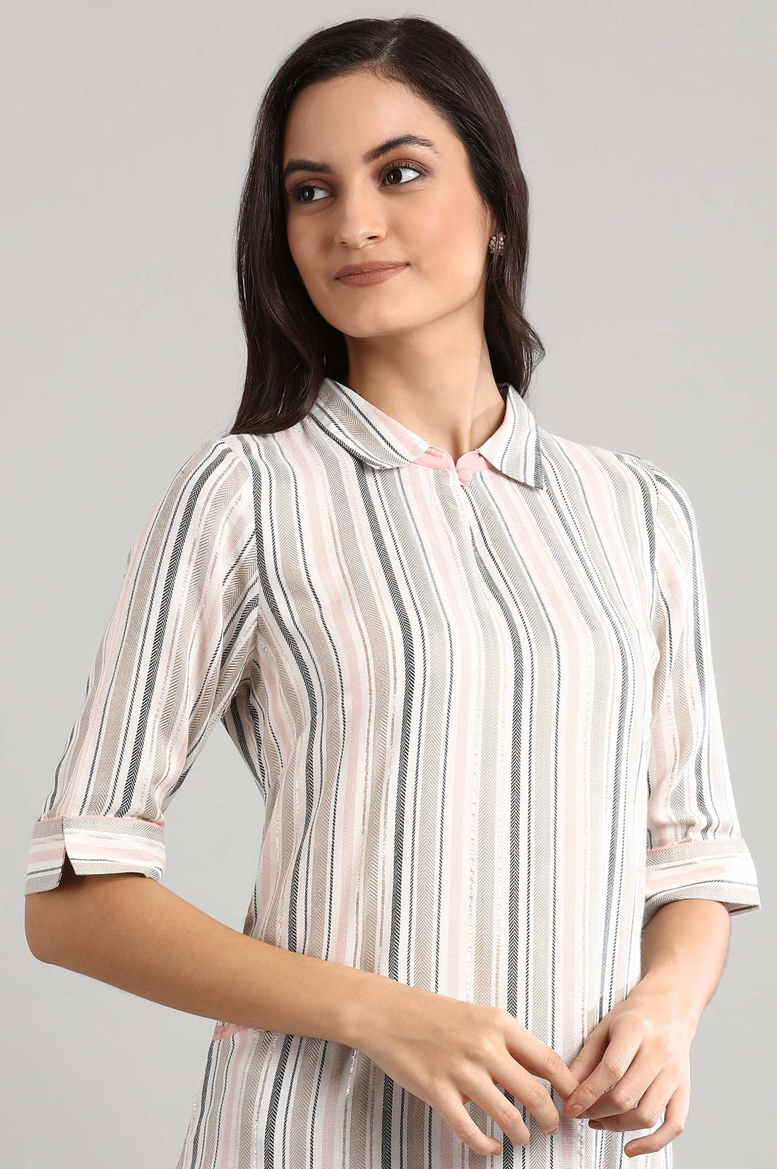 Off-White Striped Collar Neck kurta