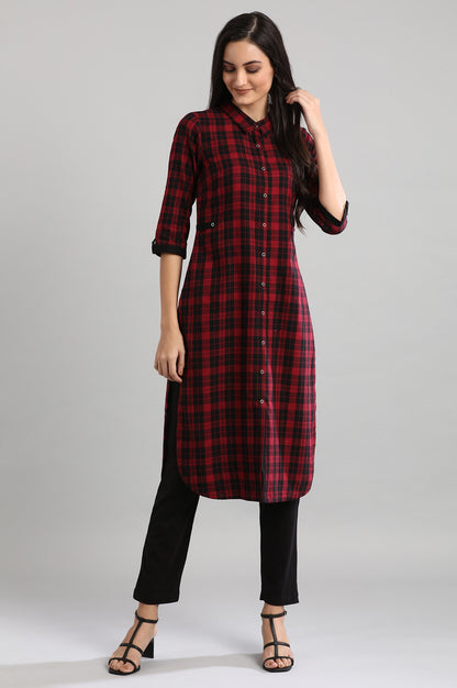 Red Collar Neck Checked kurta