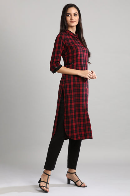 Red Collar Neck Checked kurta