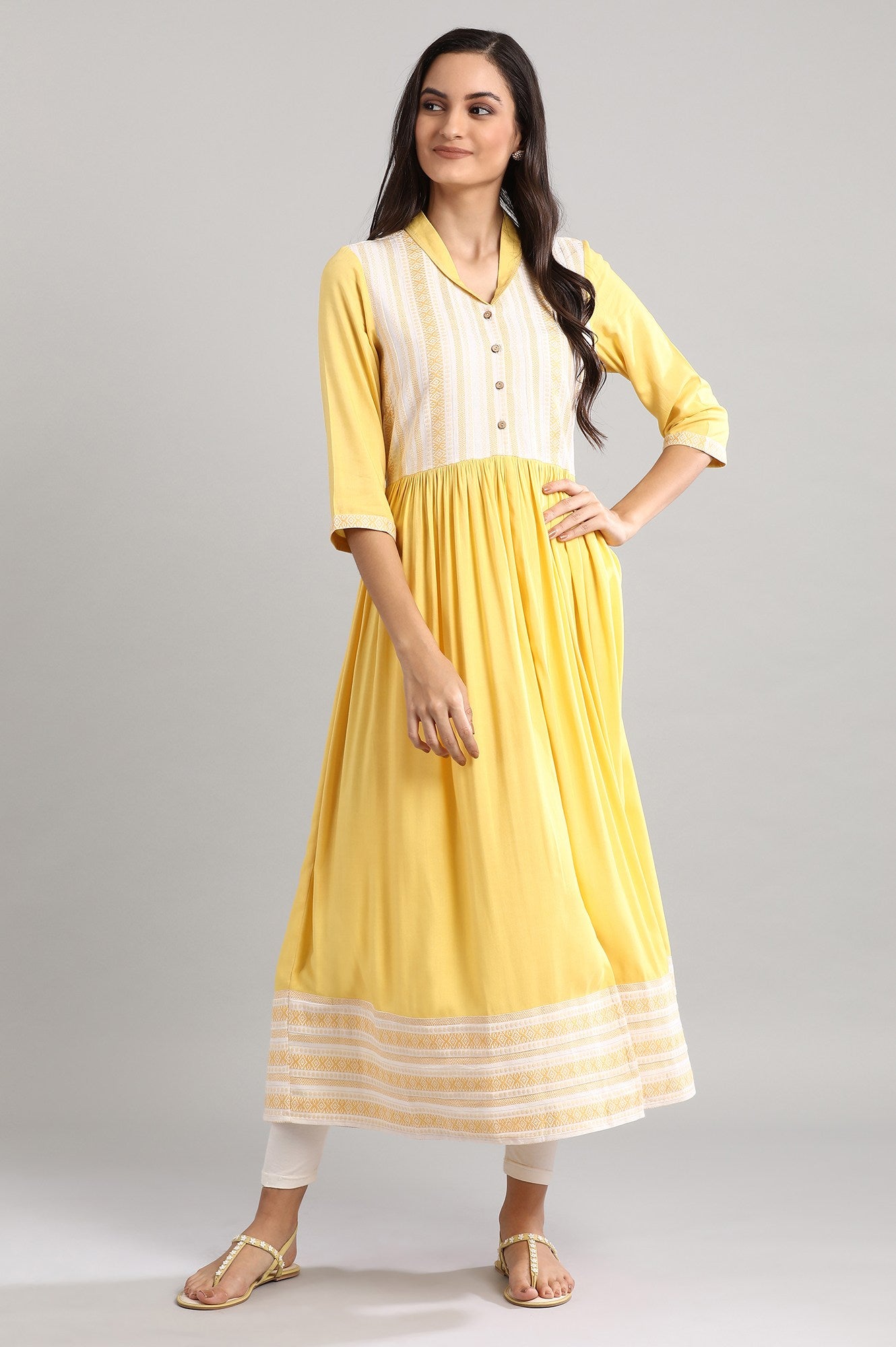 Yellow Shawl Collar Flared kurta