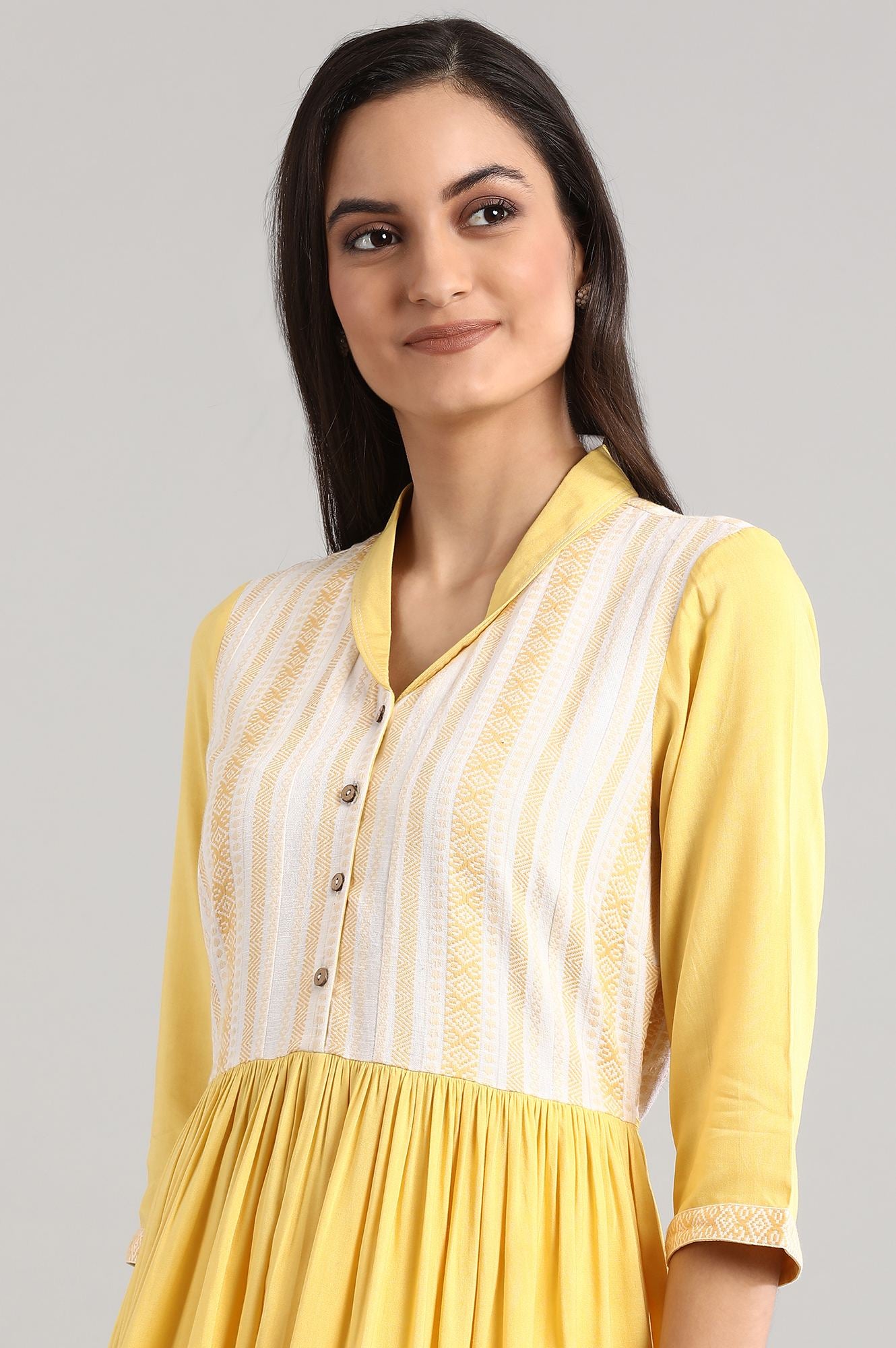 Yellow Shawl Collar Flared kurta