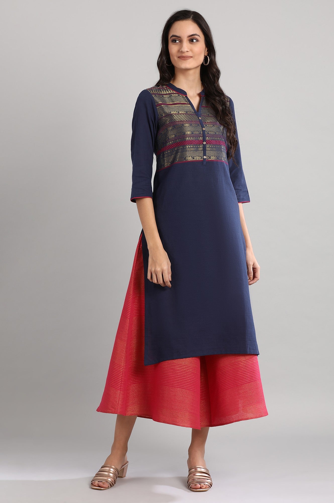 Navy Mandarin Neck Printed kurta