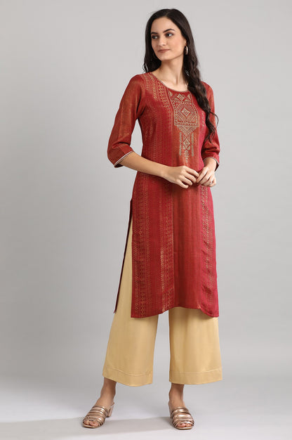 Red Round Neck Printed kurta