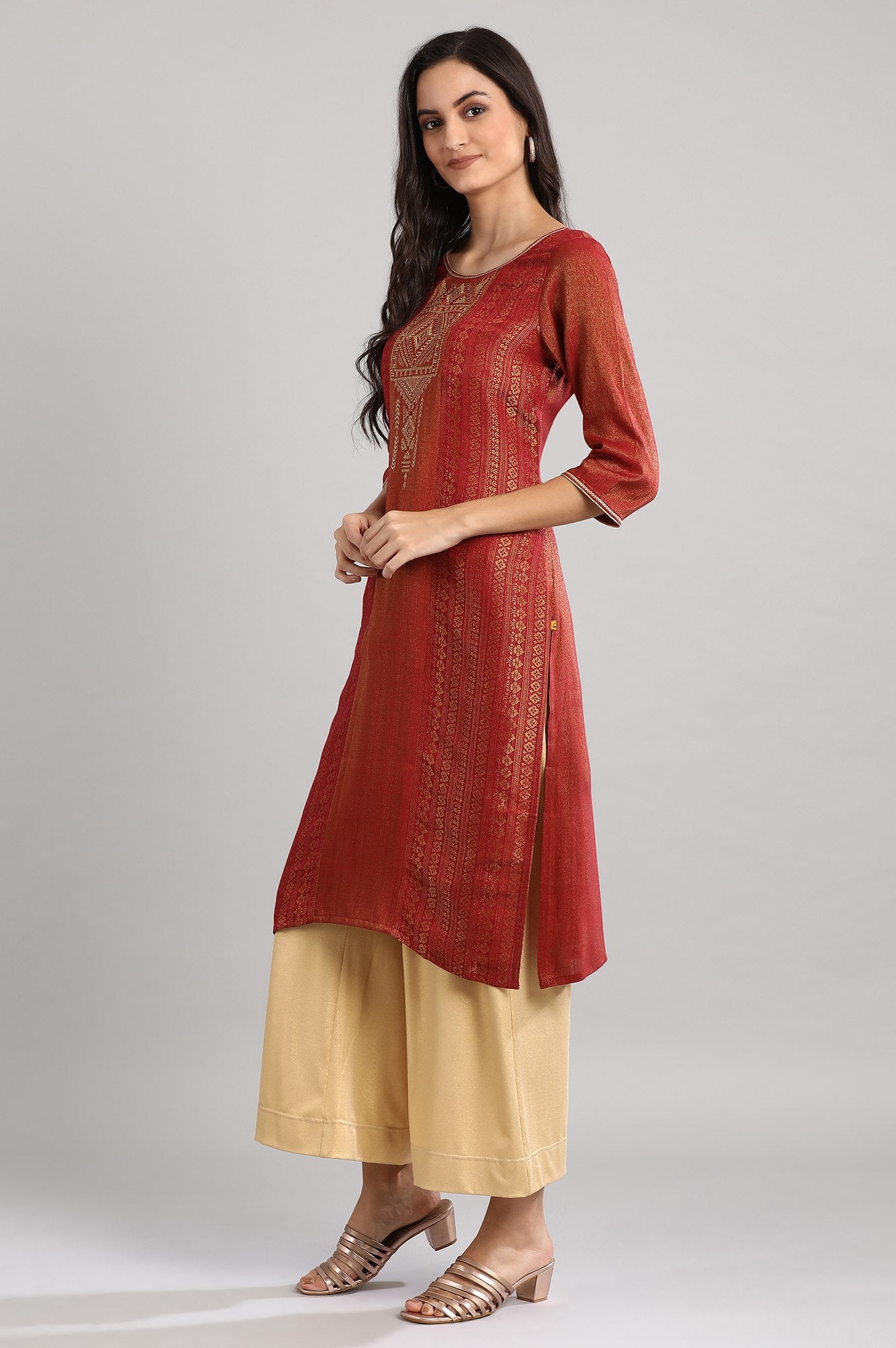 Red Round Neck Printed kurta