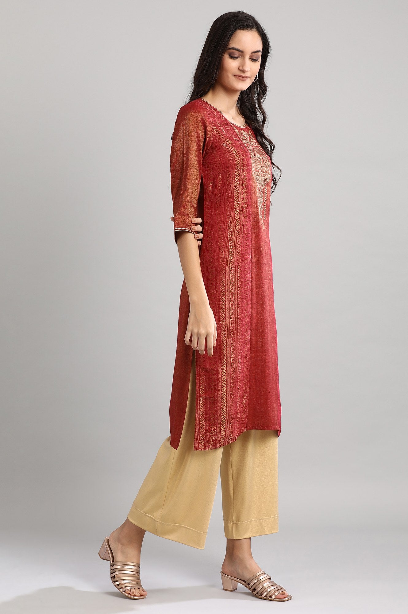 Red Round Neck Printed kurta