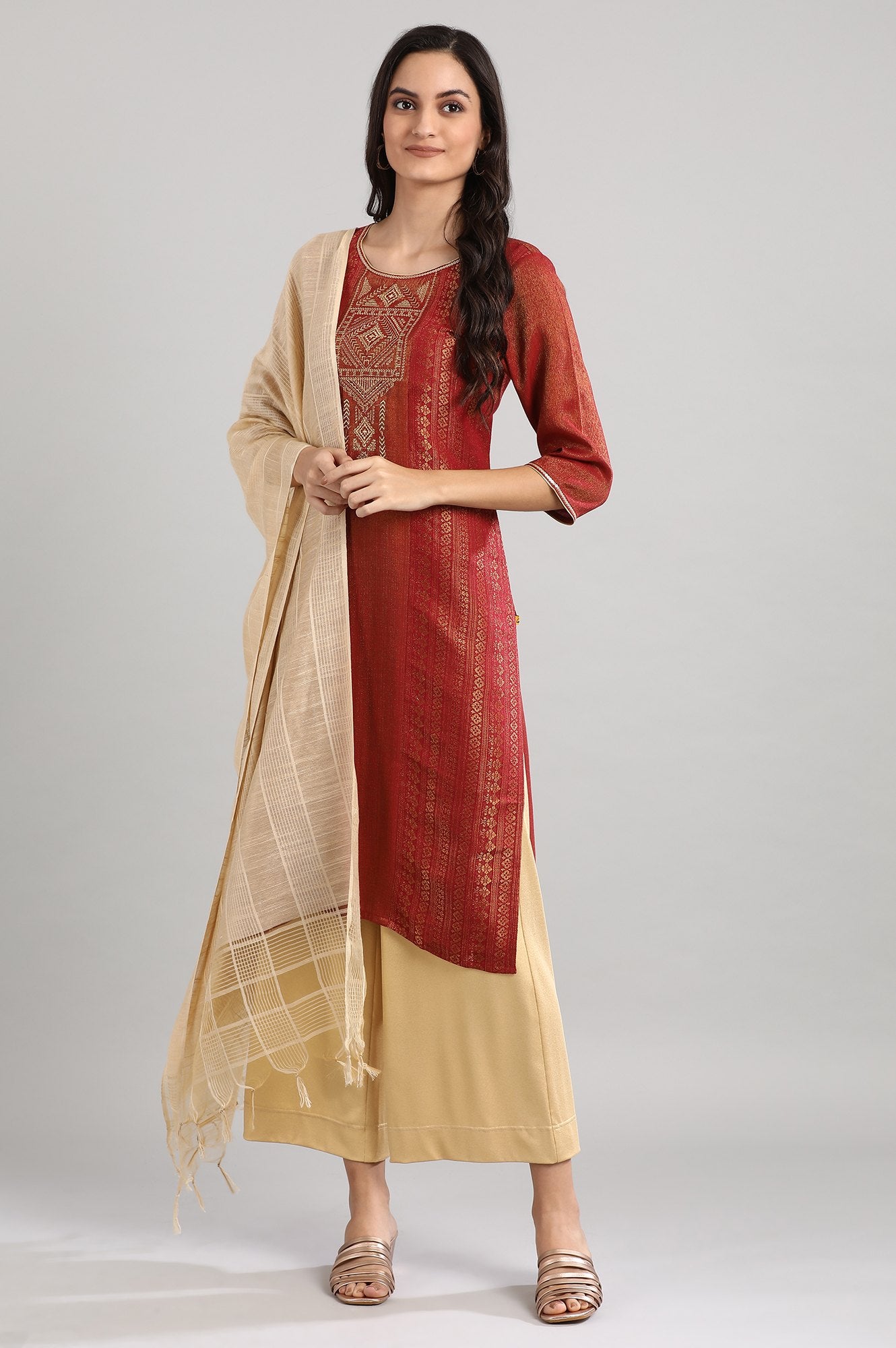 Red Round Neck Printed kurta