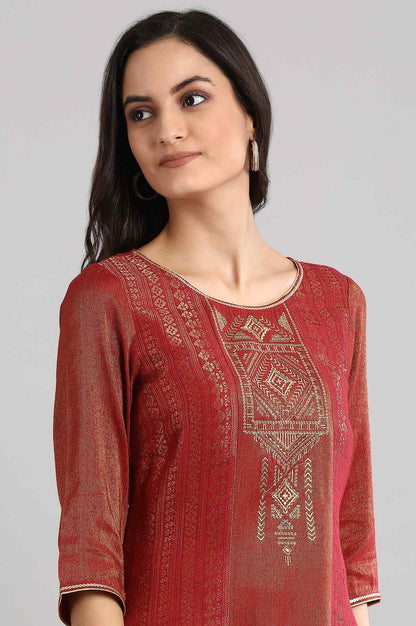 Red Round Neck Printed kurta