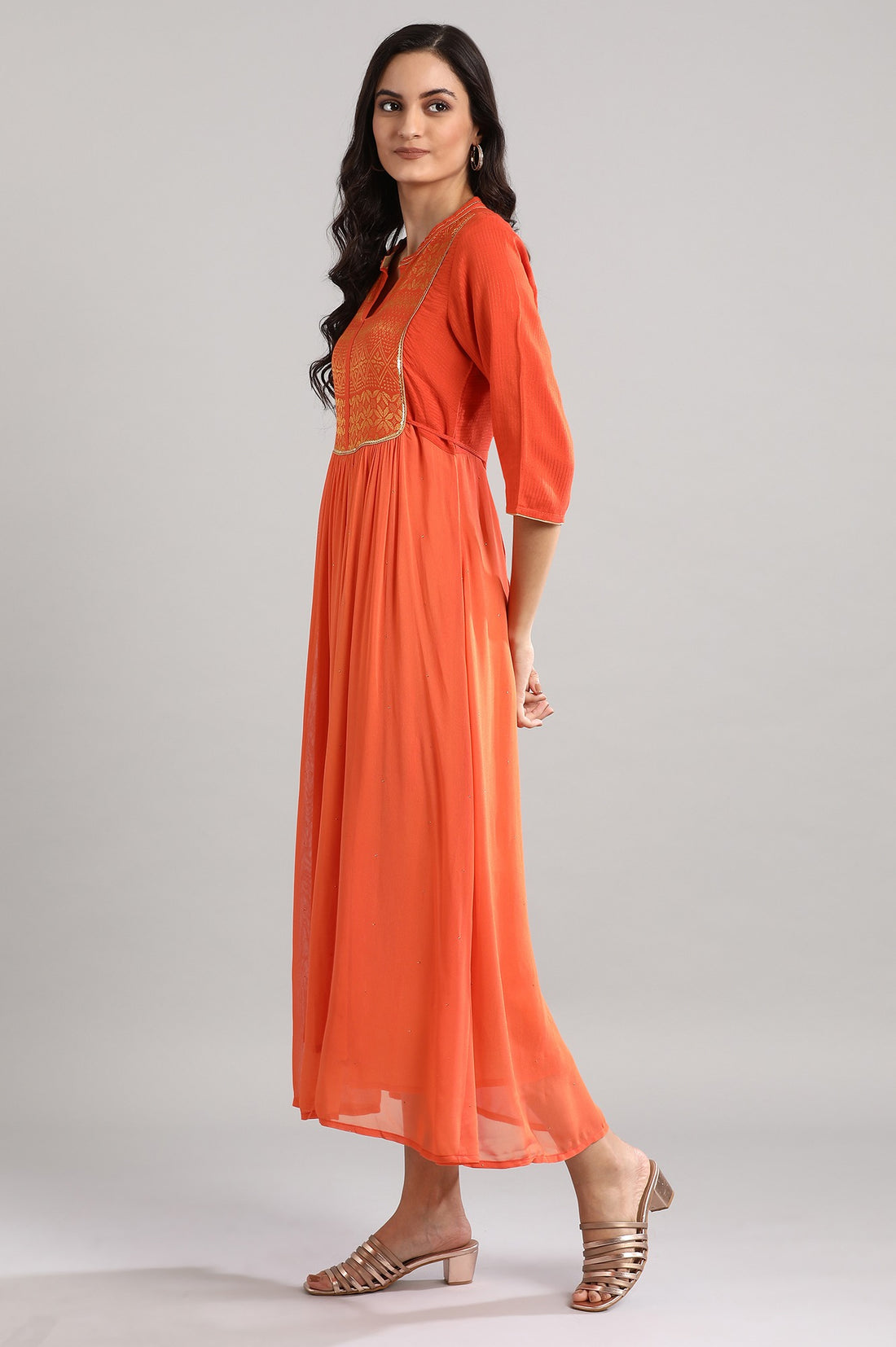 Orange Mandarin Neck Printed Dress