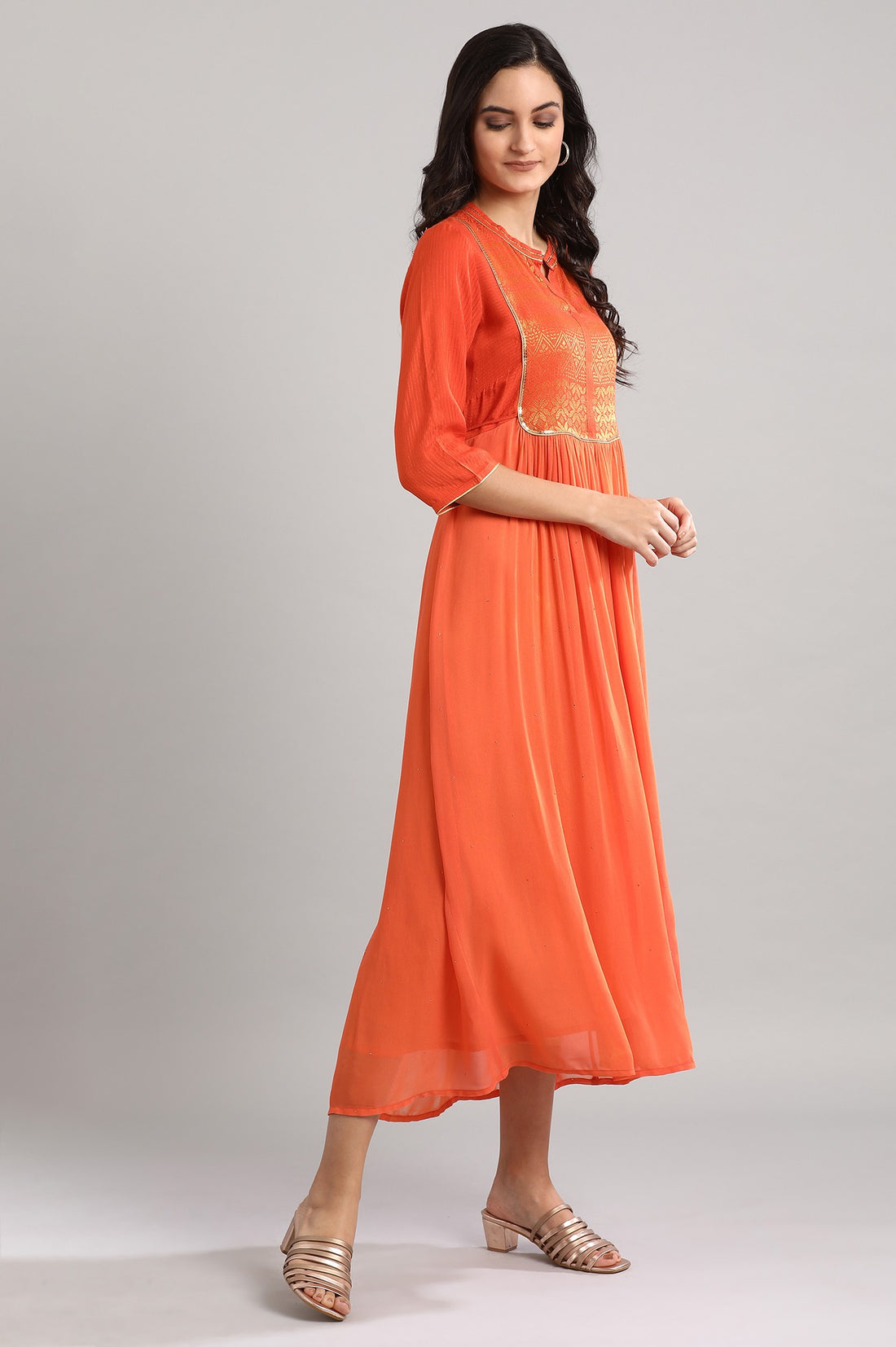 Orange Mandarin Neck Printed Dress
