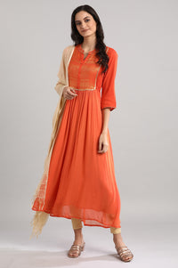 Orange Mandarin Neck Printed Dress