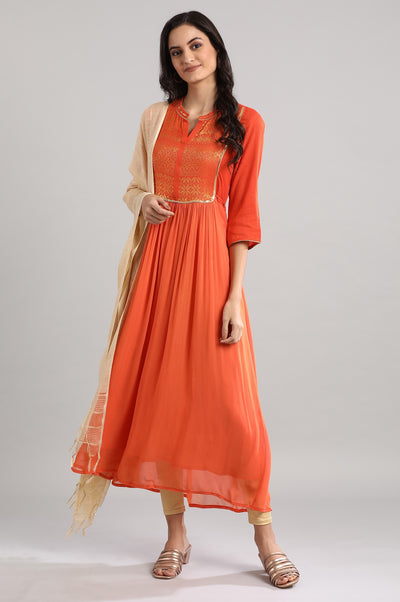 Orange Mandarin Neck Printed Dress