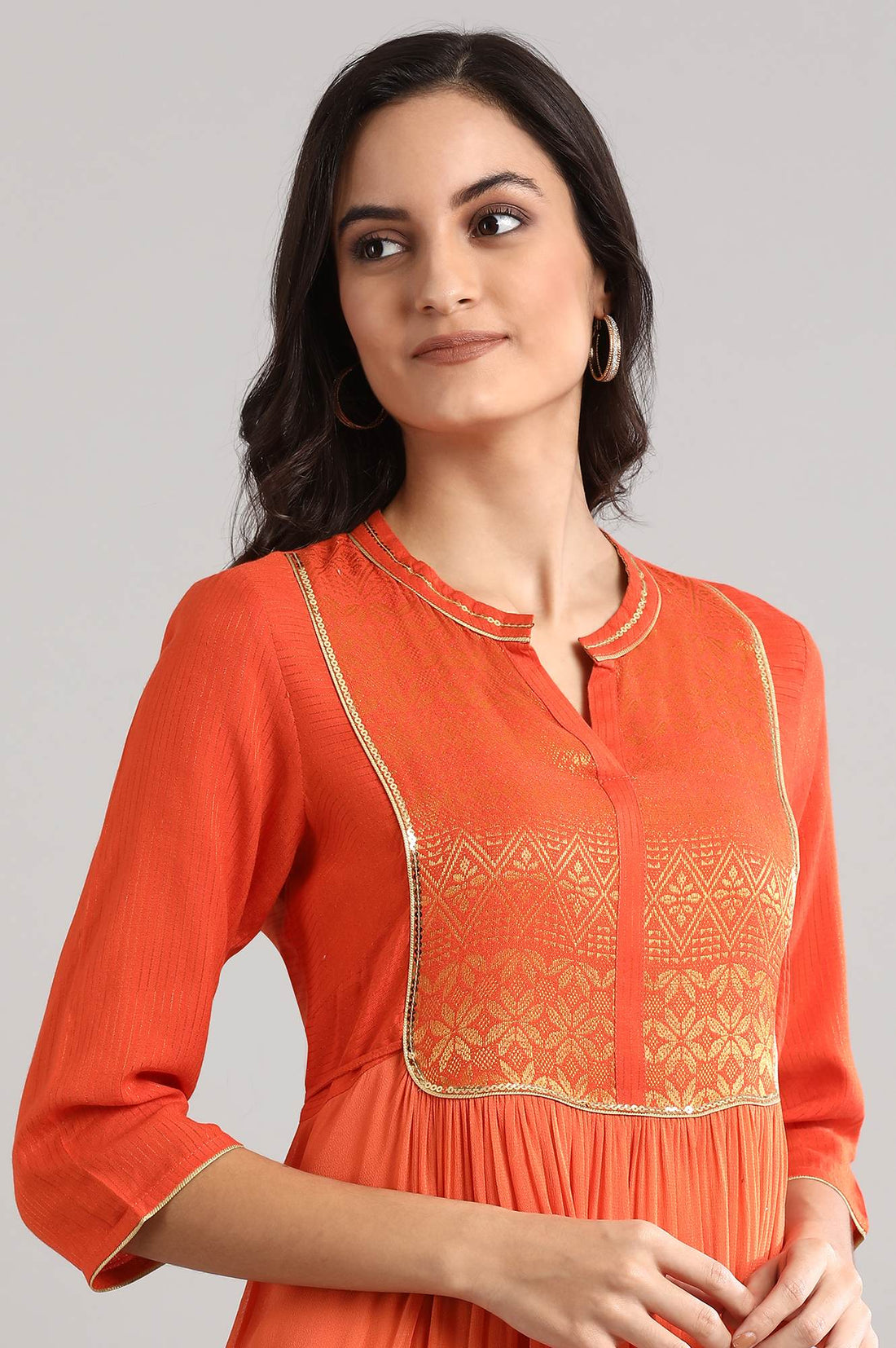 Orange Mandarin Neck Printed Dress