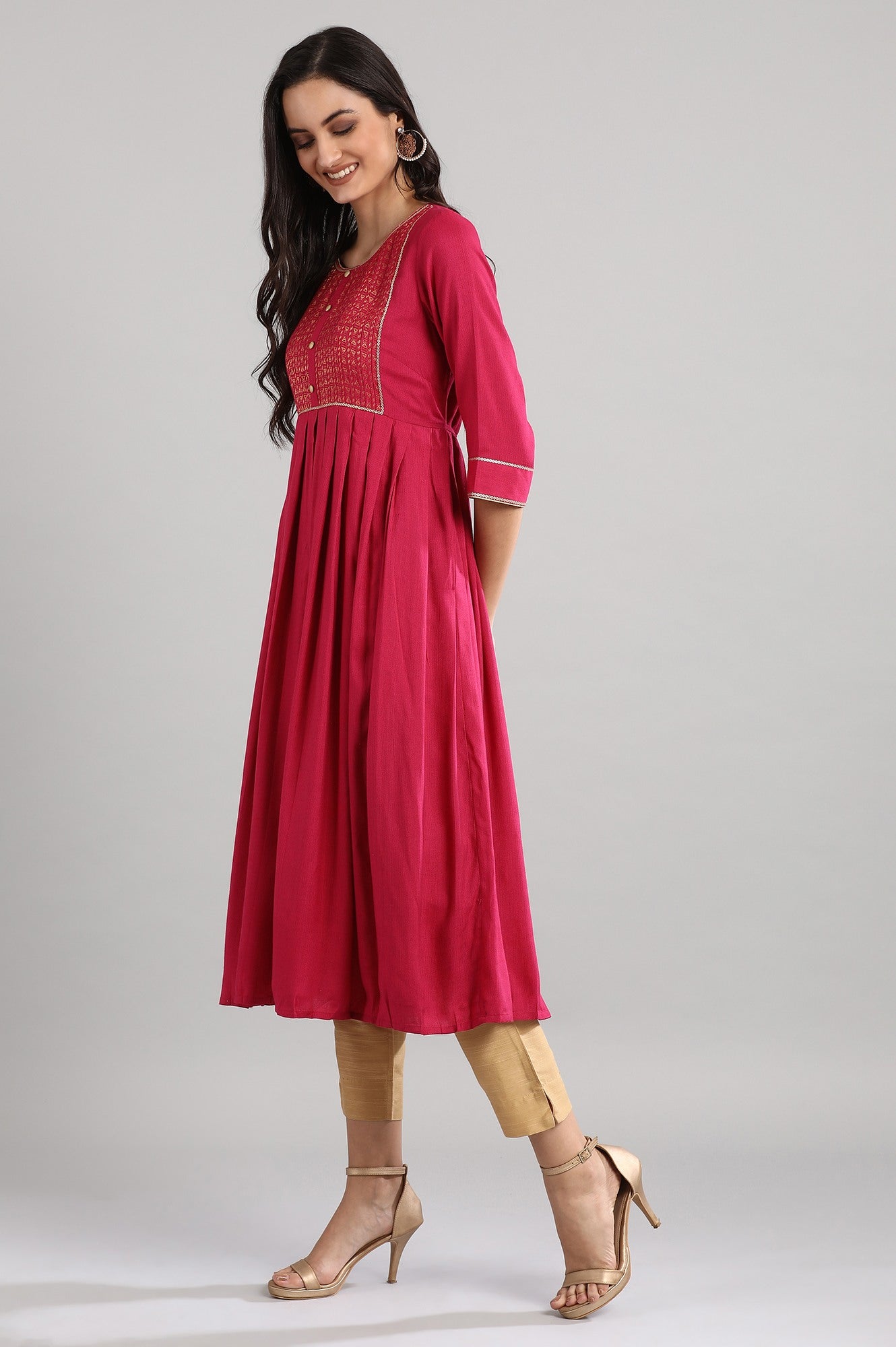 Pink Round Neck Printed Flared kurta