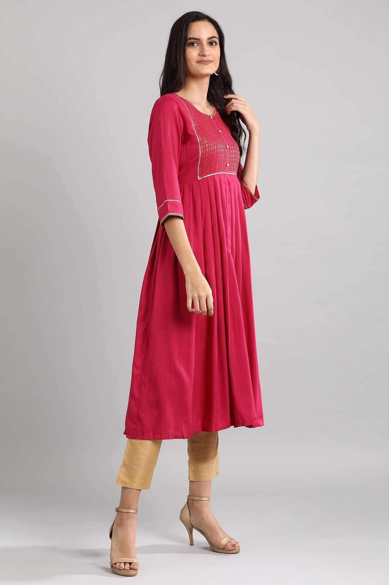 Pink Round Neck Printed Flared kurta