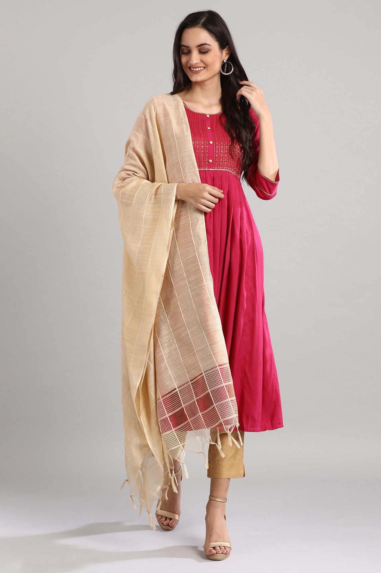 Pink Round Neck Printed Flared kurta