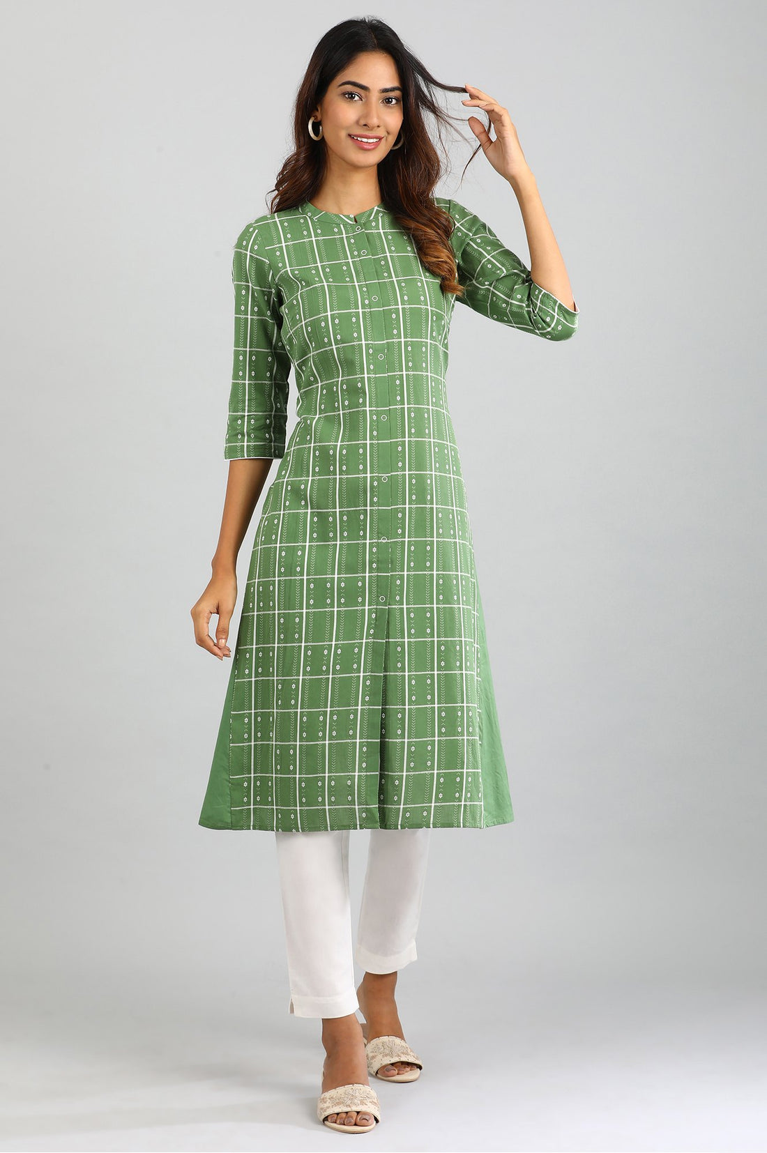 Olive Green Mandarin Neck Printed kurta
