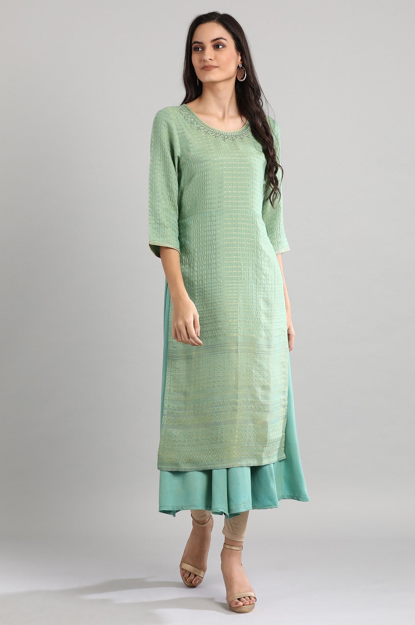 Green Round Neck Printed kurta