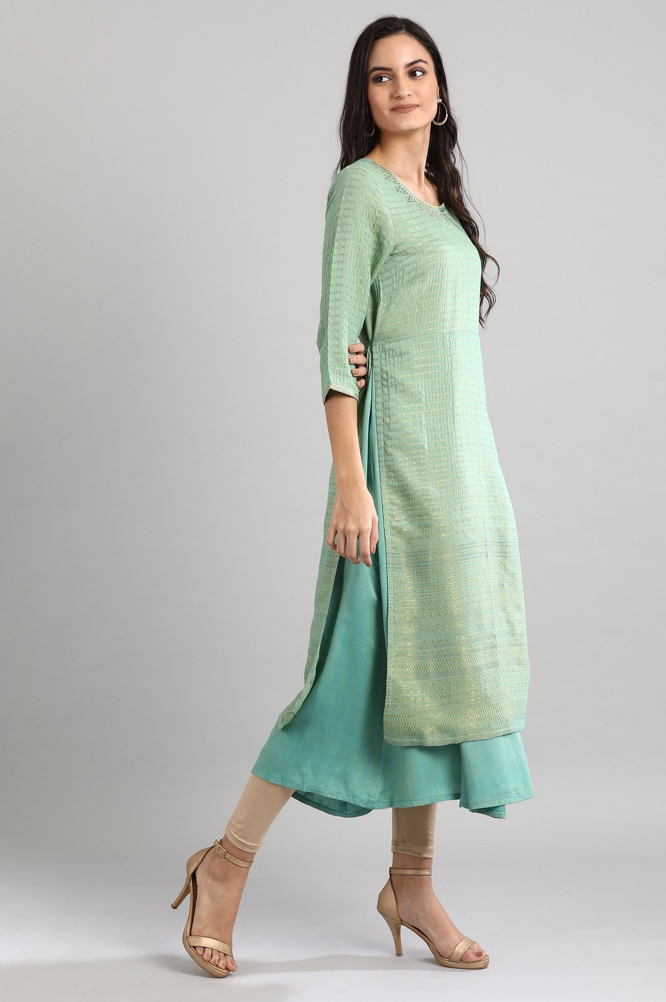 Green Round Neck Printed kurta